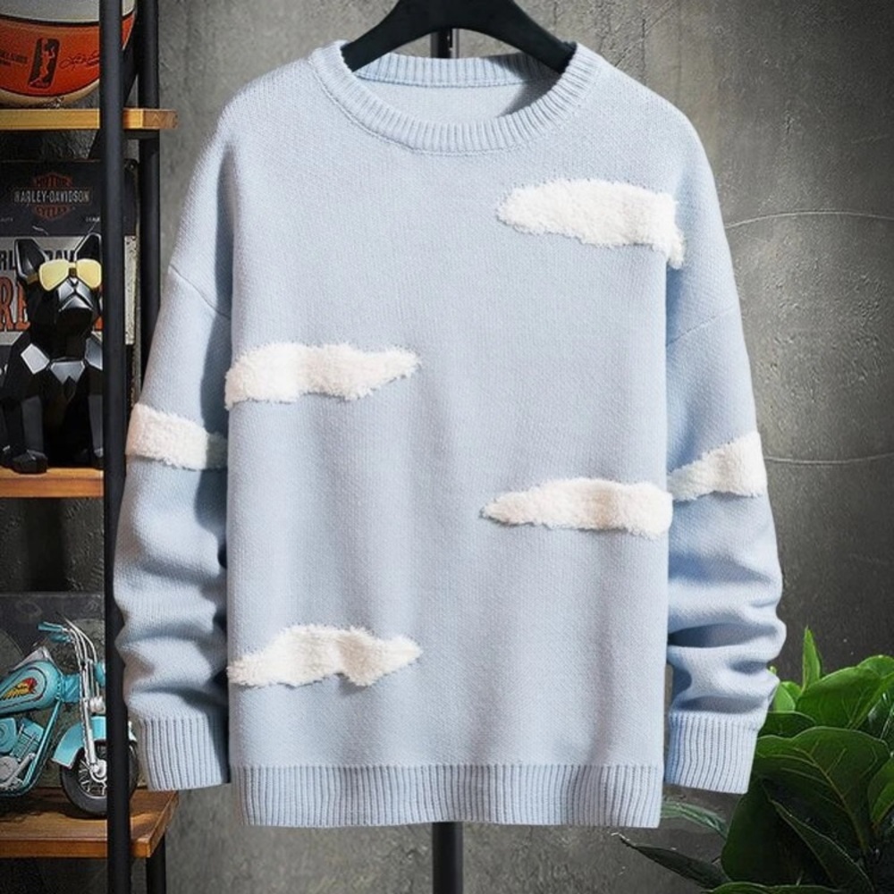 men’s light blue cloud sweater with clouds
